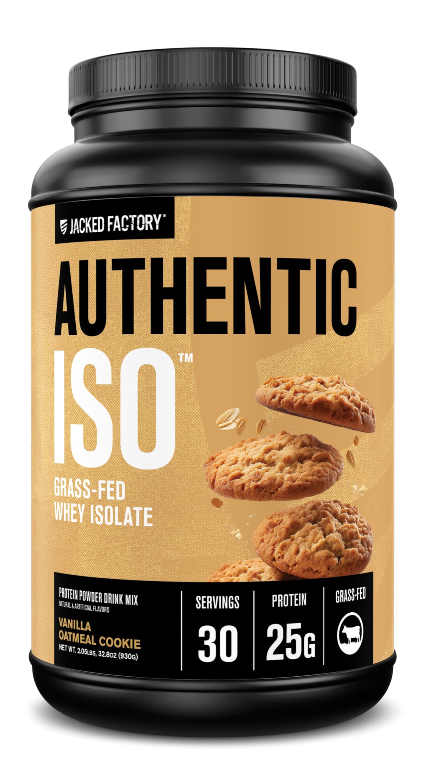 Jacked Factory Authentic ISO whey protein bottle on a shelf, showcasing clean packaging.