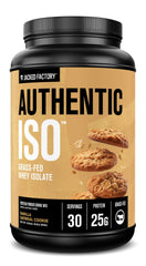 Jacked Factory Authentic ISO whey protein bottle on a shelf, showcasing clean packaging.