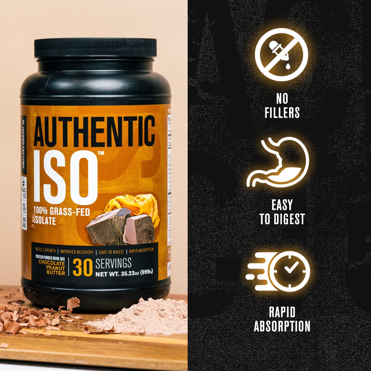 Jacked Factory Authentic ISO whey powder scoop supports quick post-workout recovery.