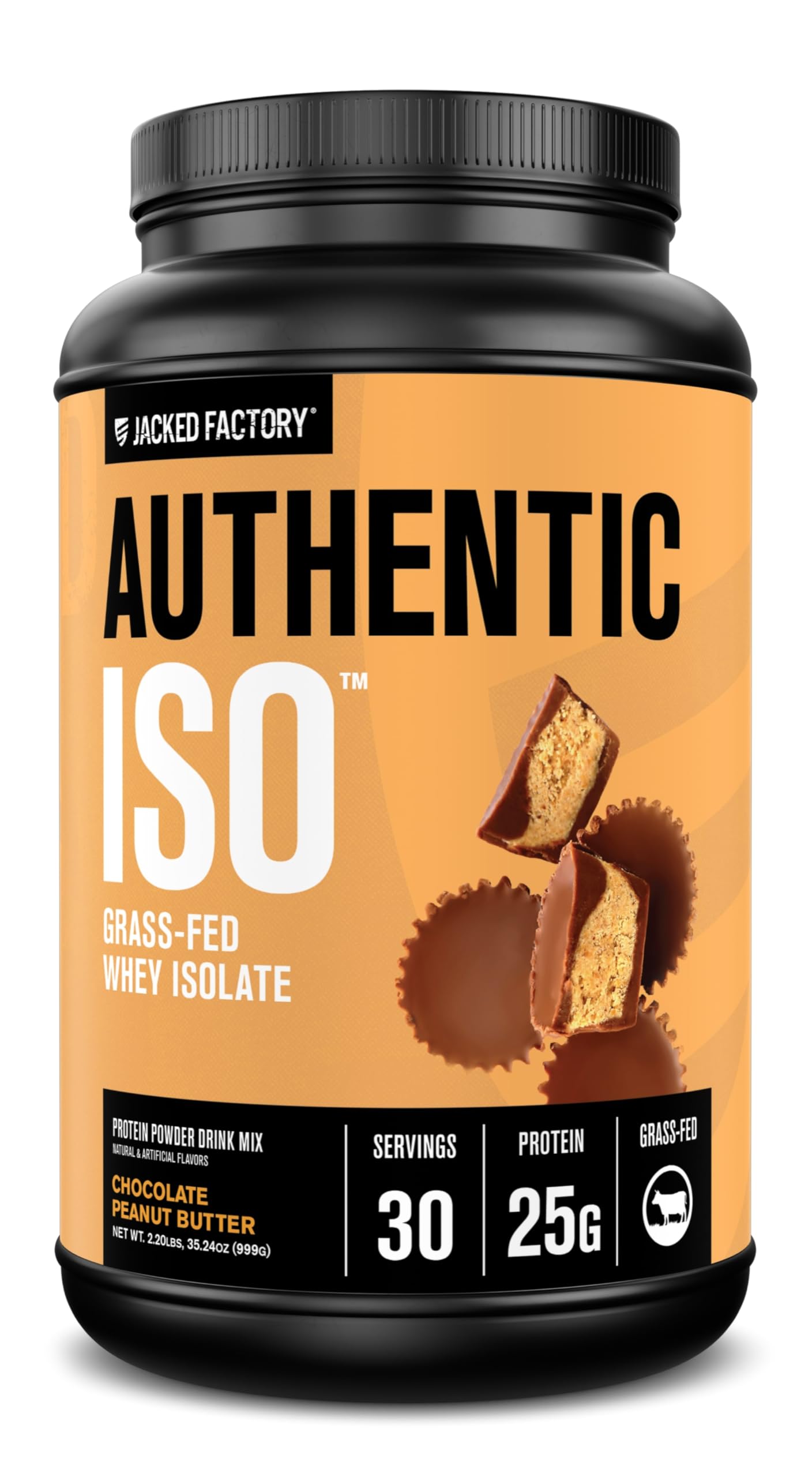 Jacked Factory Authentic ISO whey chocolate peanut butter tub ready for post-workout refuel.
