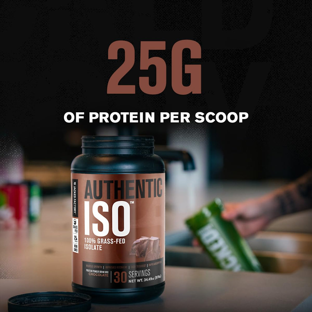 Jacked Factory Authentic ISO Whey Chocolate pour shows smooth, fast-digesting shake
