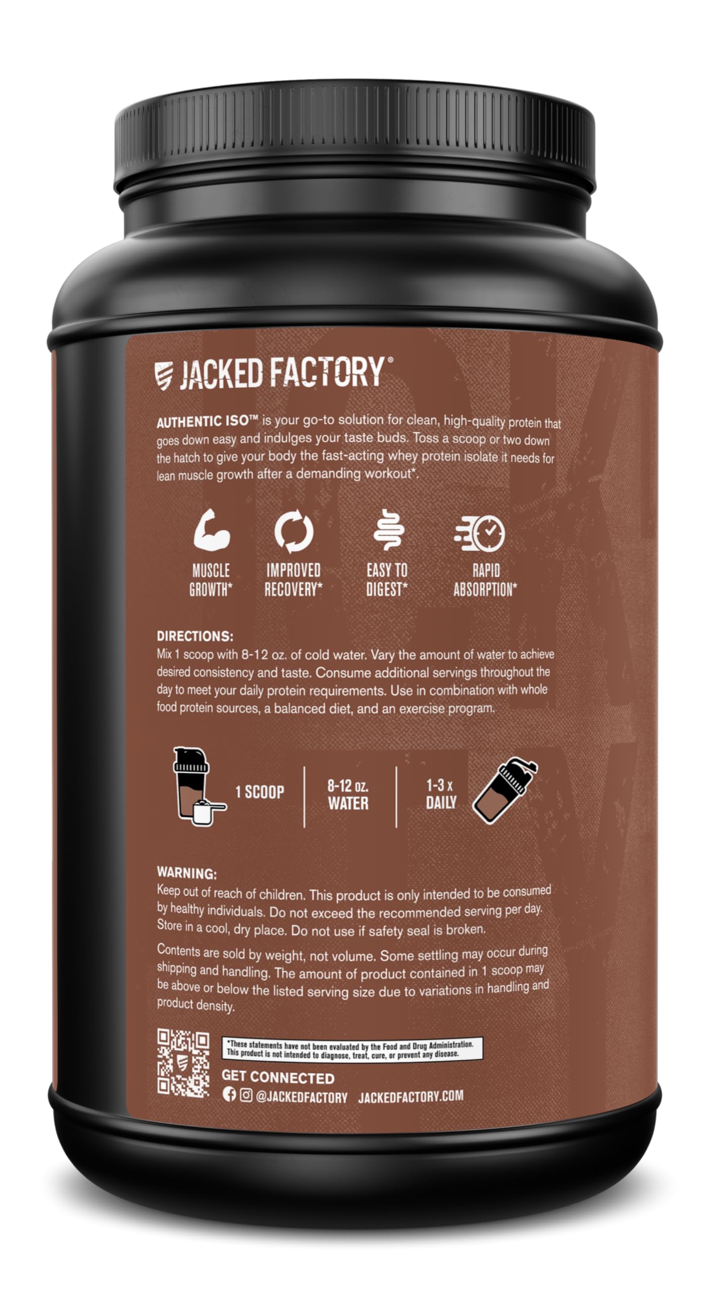 Jacked Factory Authentic ISO Whey Chocolate tub front features bold branding