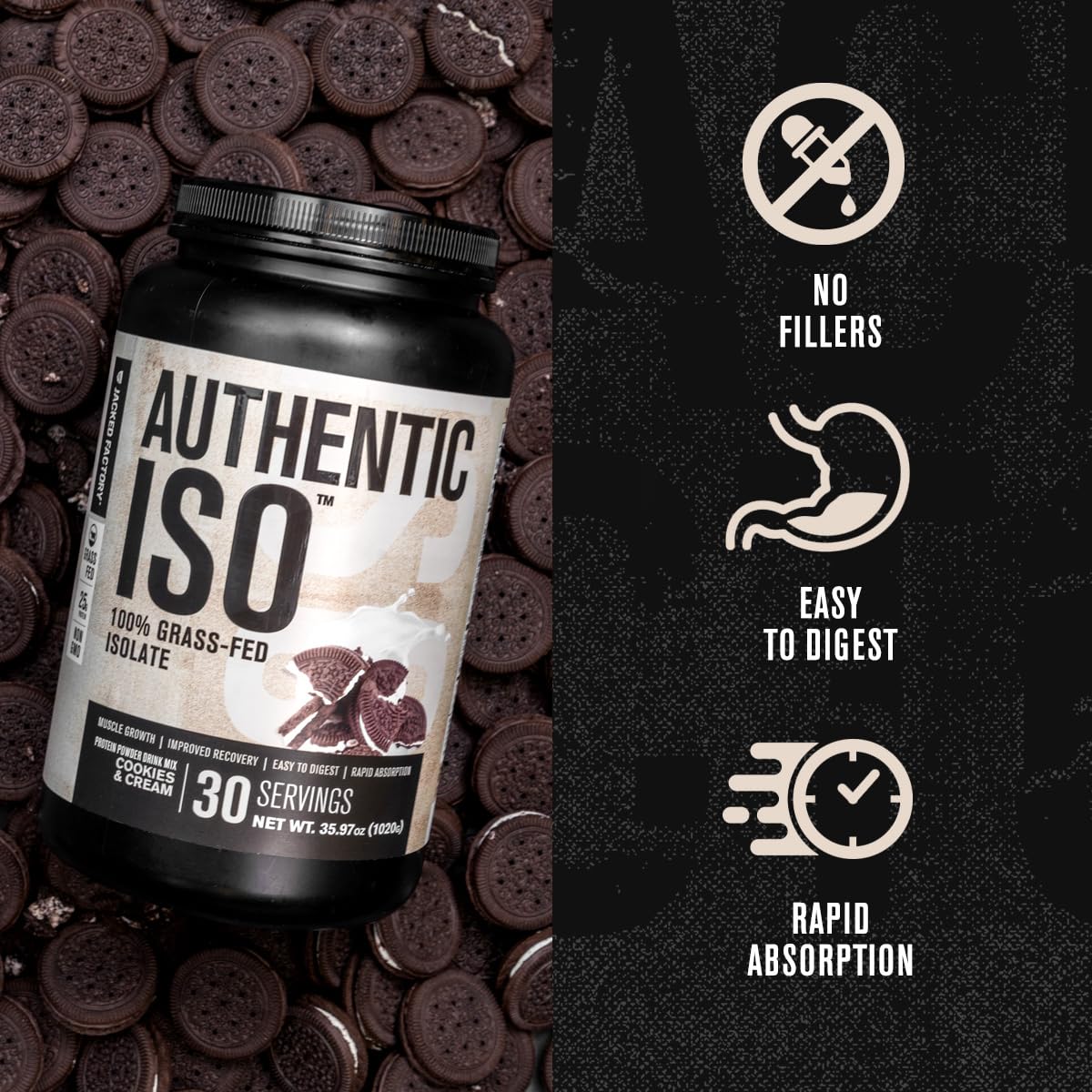 Close-up of Authentic ISO label highlighting protein quality