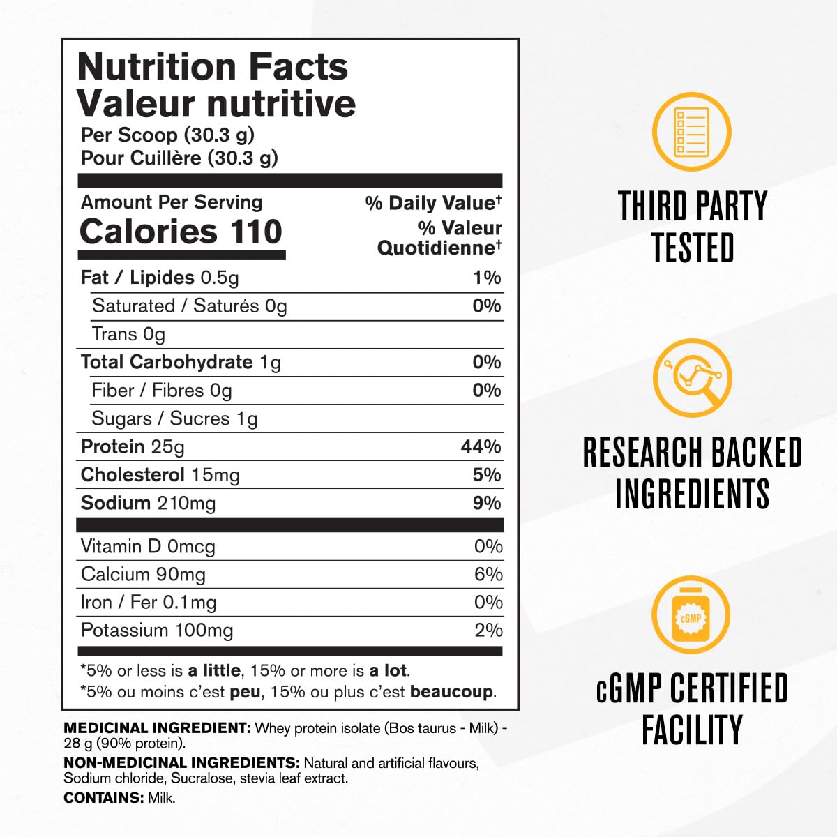 Gym label detail on ISO Whey bottle emphasizes quality ingredients