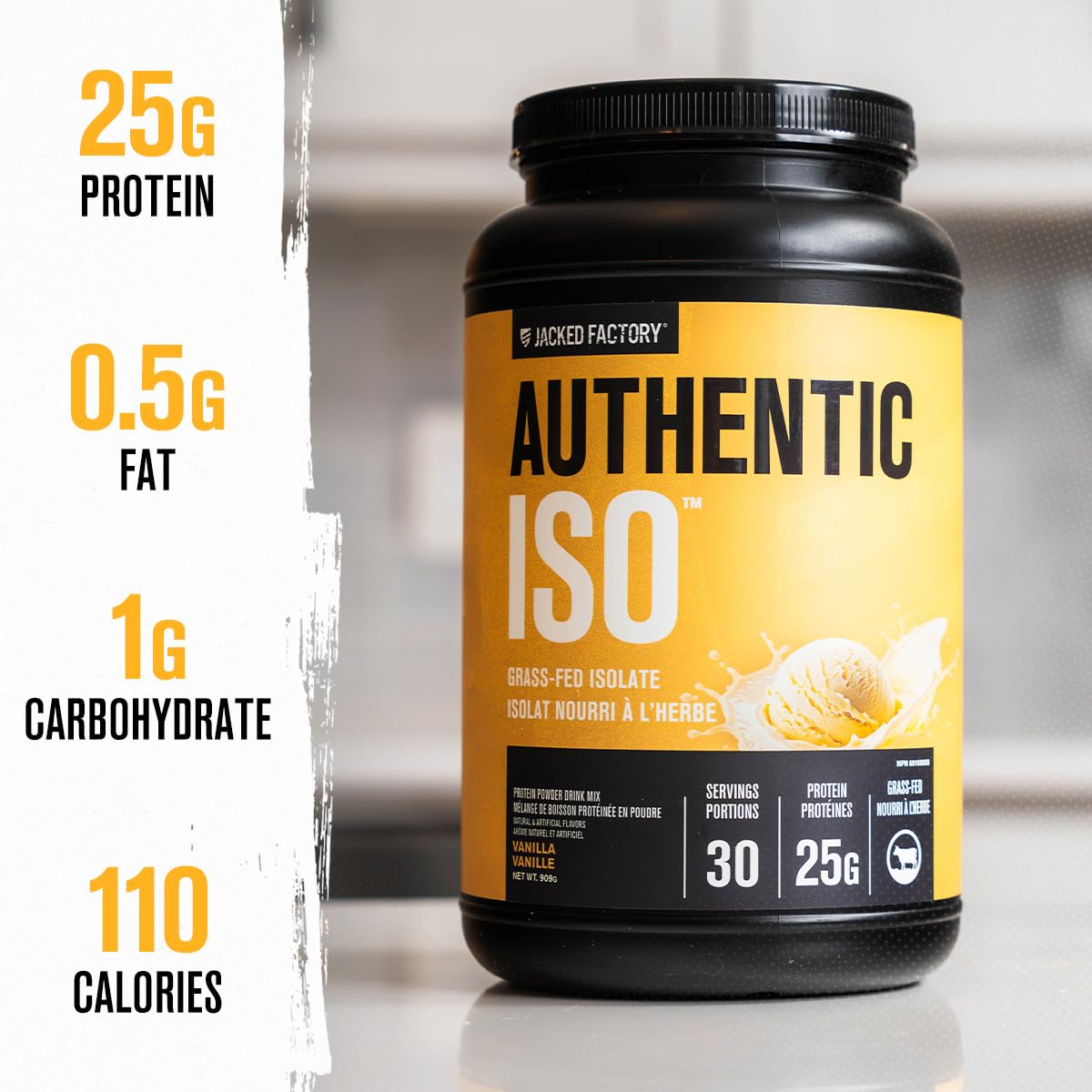 Mixer glass with ISO Whey suggests smooth, drinkable protein after workouts