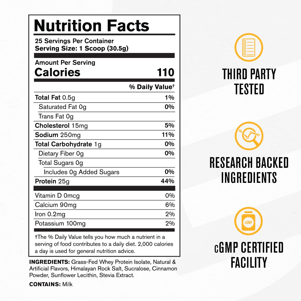 Jacked Factory Authentic ISO whey nutrition facts label emphasizes high protein with minimal sugar.