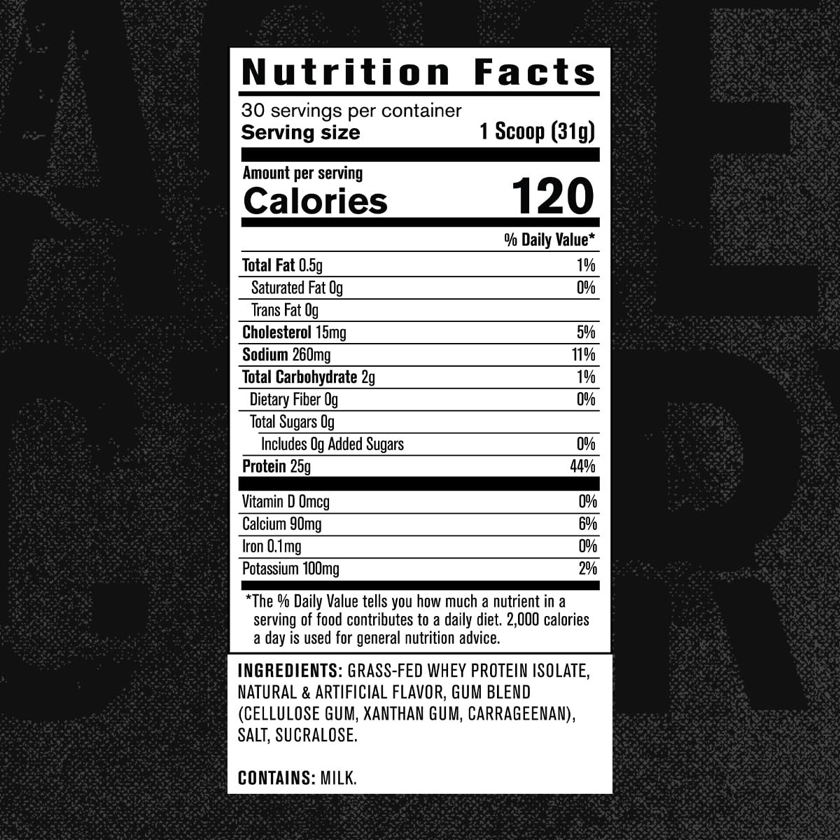 Nutritional facts panel visible, highlighting 25 g protein per serving.