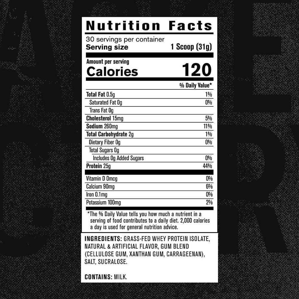 Nutritional facts panel visible, highlighting 25 g protein per serving.