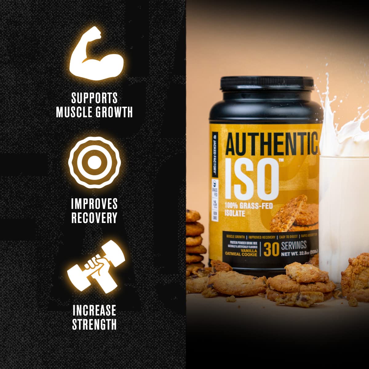 Jacked Factory Authentic ISO whey being poured into a shaker for quick recovery.