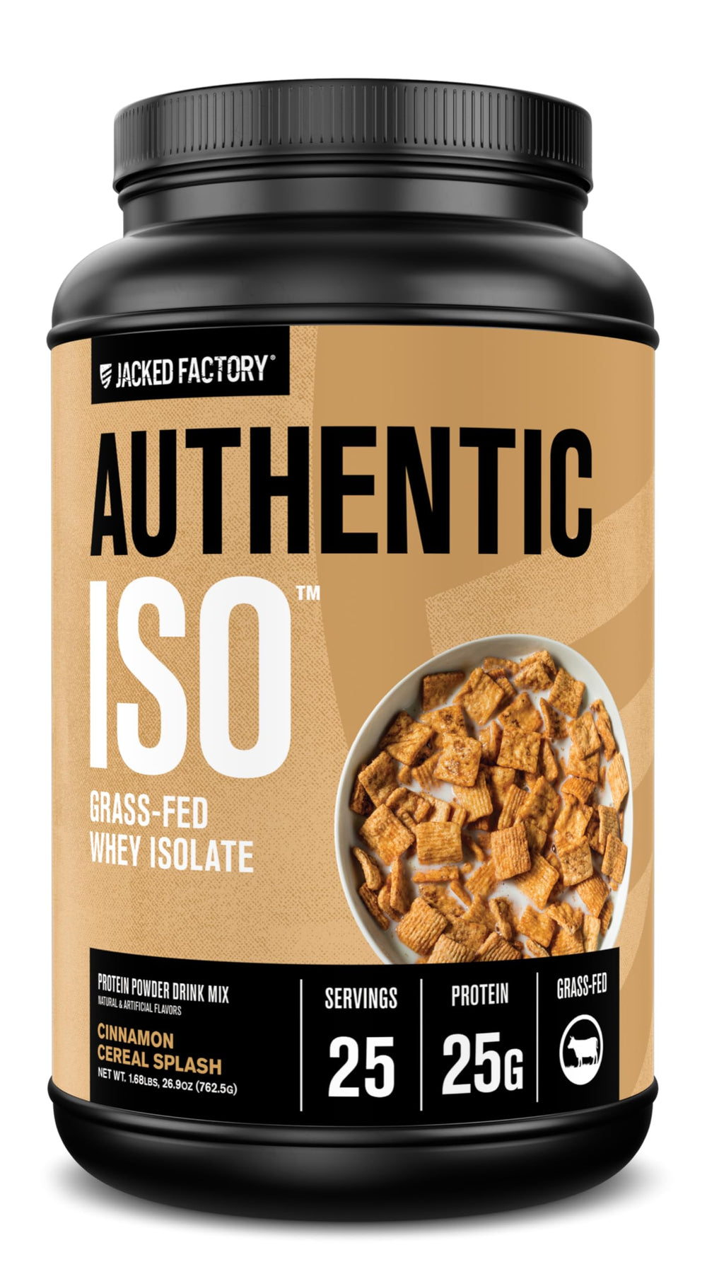Jacked Factory Authentic ISO whey powder bottle pour demonstrates quick, easy post-workout protein.