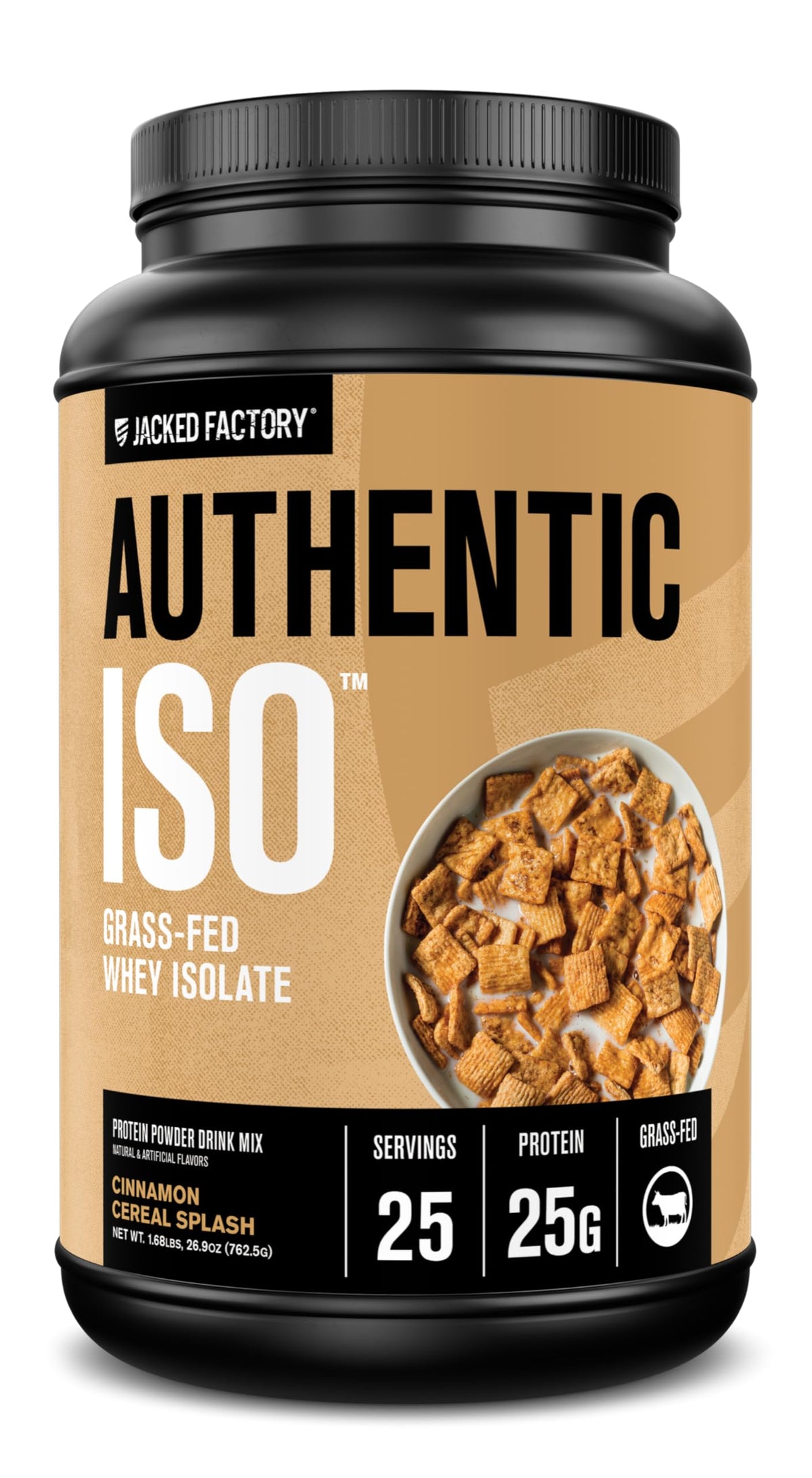 Jacked Factory Authentic ISO whey powder bottle pour demonstrates quick, easy post-workout protein.