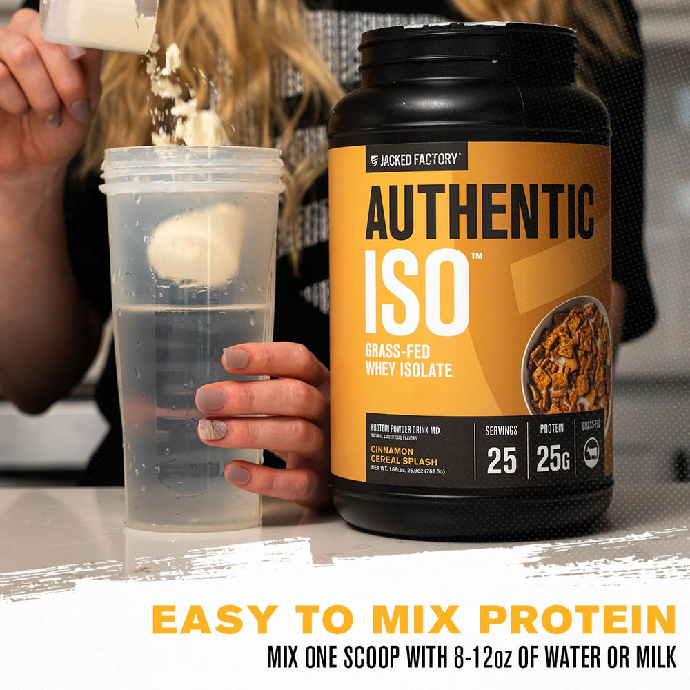 Jacked Factory Authentic ISO whey protein scoop measure highlights precise serving for consistency.