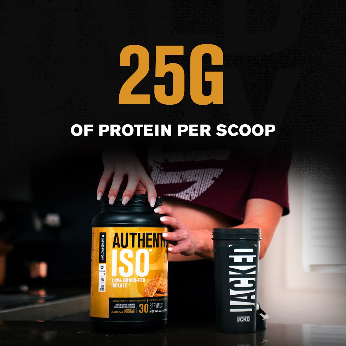 Jacked Factory Authentic ISO whey scoop beside the jar, ready to mix.