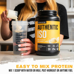 Authentic ISO Whey tub closeup reveals vanilla powder texture