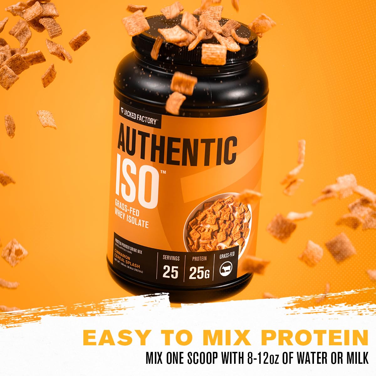 Jacked Factory Authentic ISO whey tub label closeup highlights clean ingredients and grass-fed sourcing.
