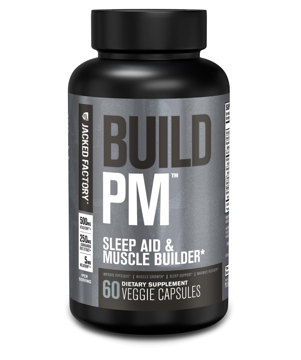 Jacked Factory Build PM night-time bottle on nightstand supports restful sleep.