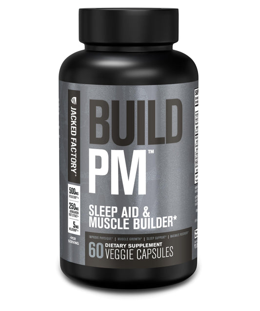 Jacked Factory Build PM night-time bottle on nightstand supports restful sleep.