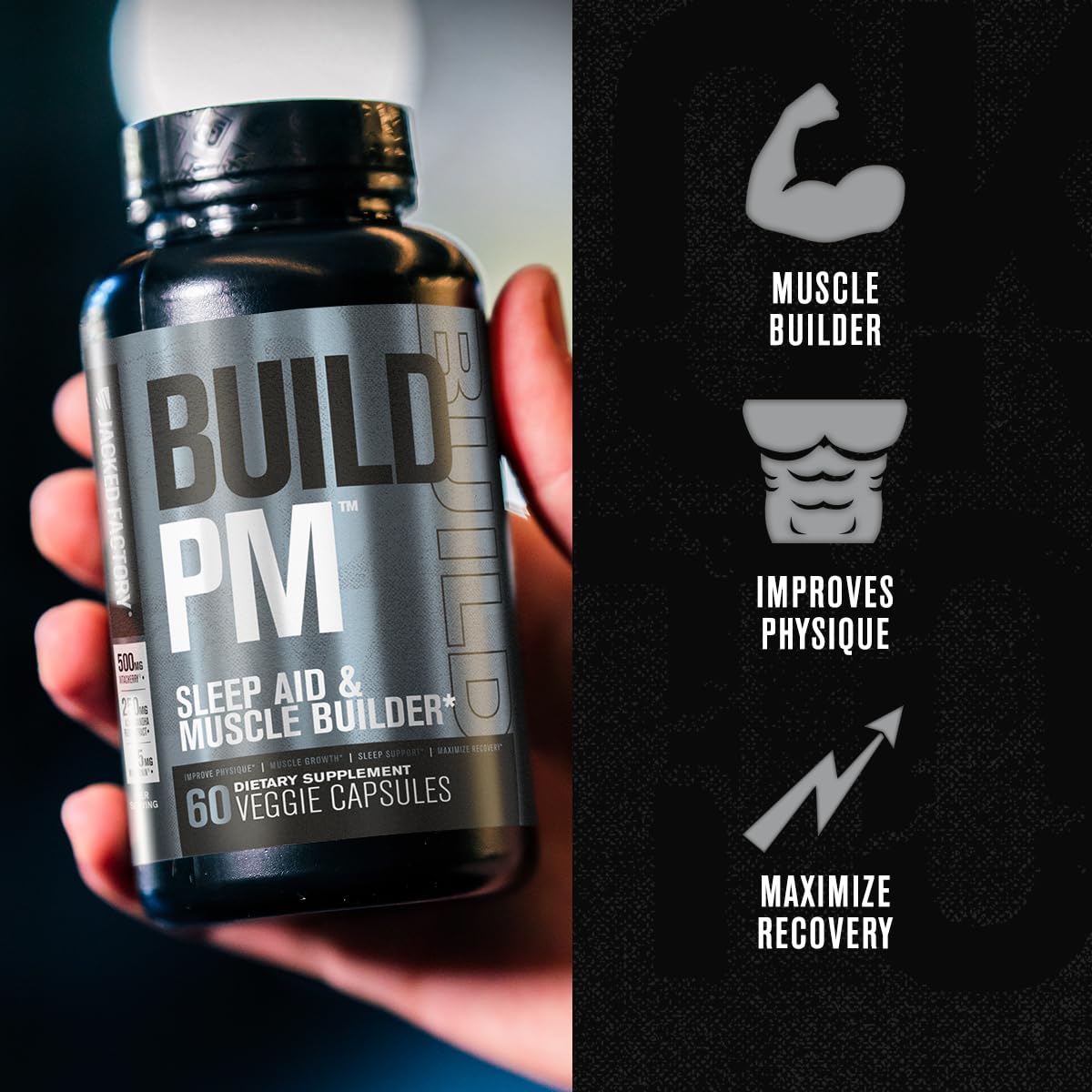 Jacked Factory Build PM tart cherry capsules highlight natural sleep support for athletes.