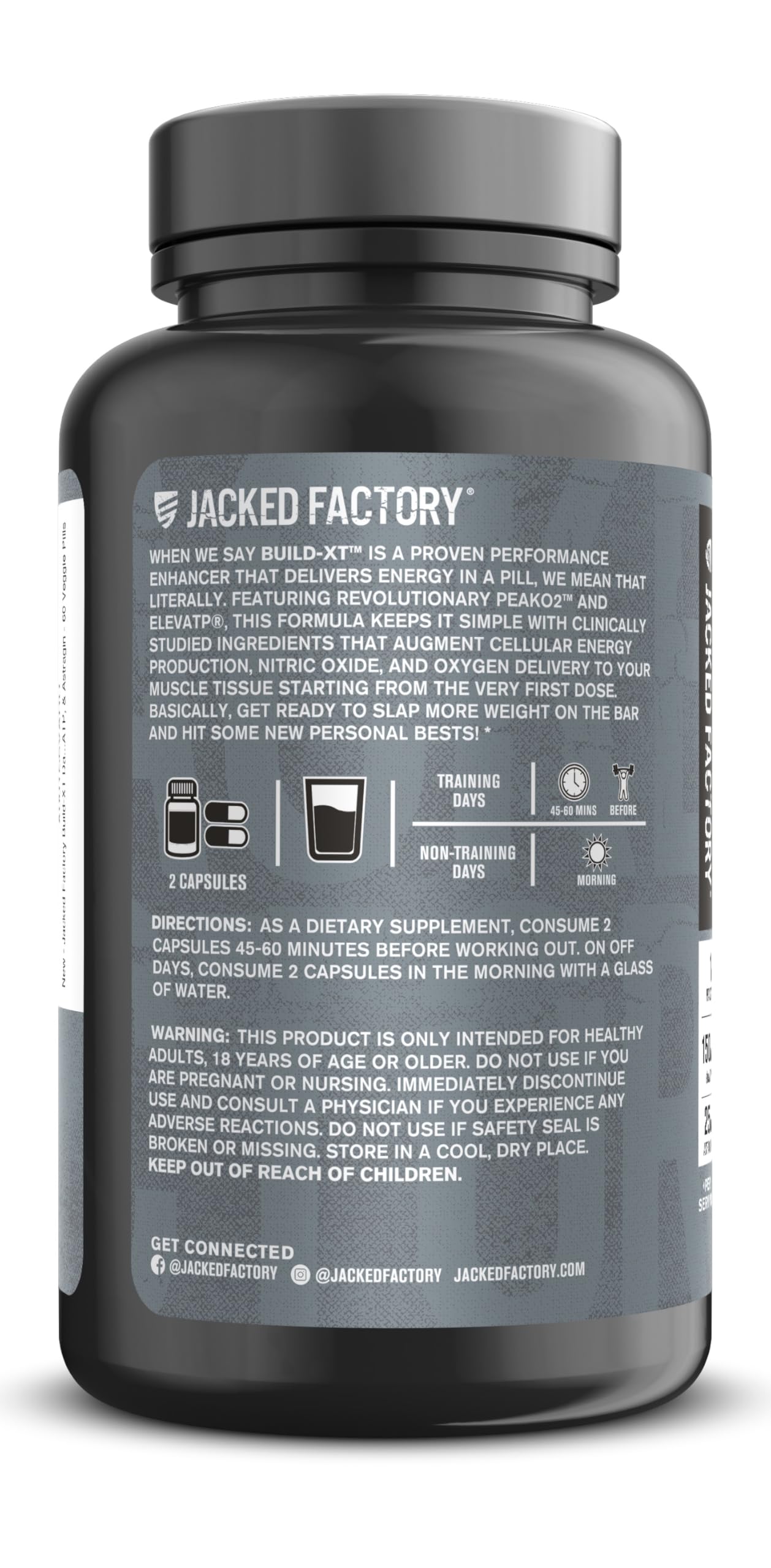 Jacked Factory Build-XT 60 veggie pills label, emphasizing plant-based daily support.