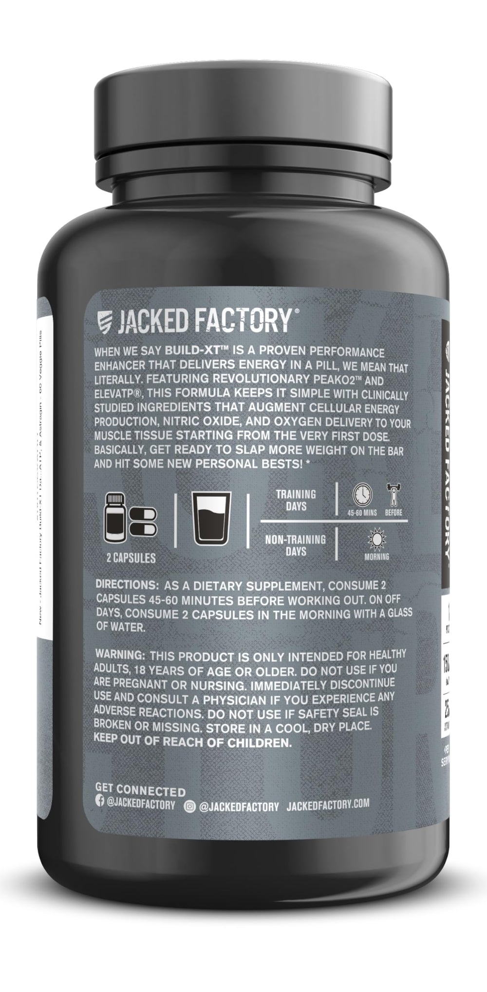 Jacked Factory Build-XT 60 veggie pills label, emphasizing plant-based daily support.