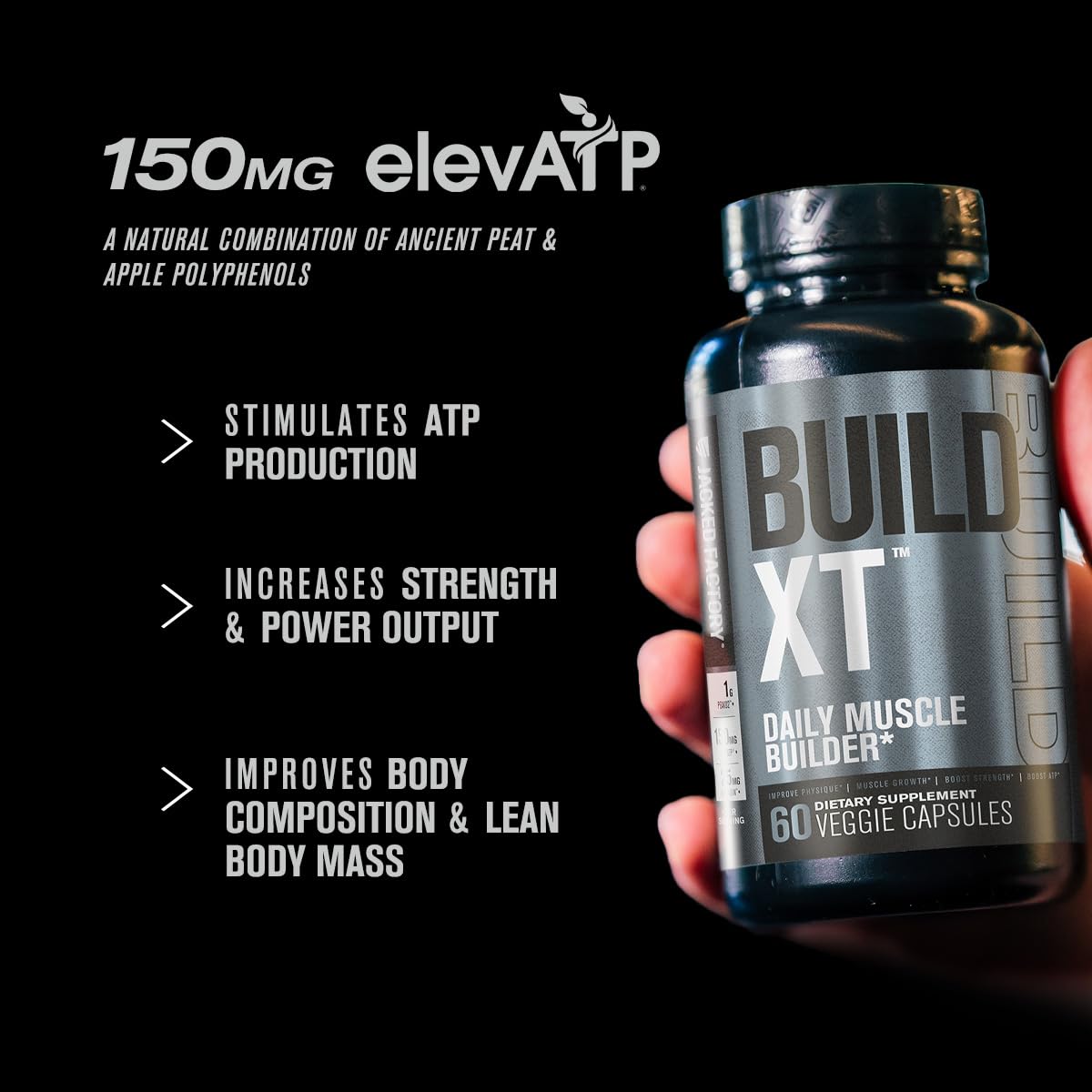 Jacked Factory Build-XT label Peak02, highlighting endurance-enhancing mushroom complex.