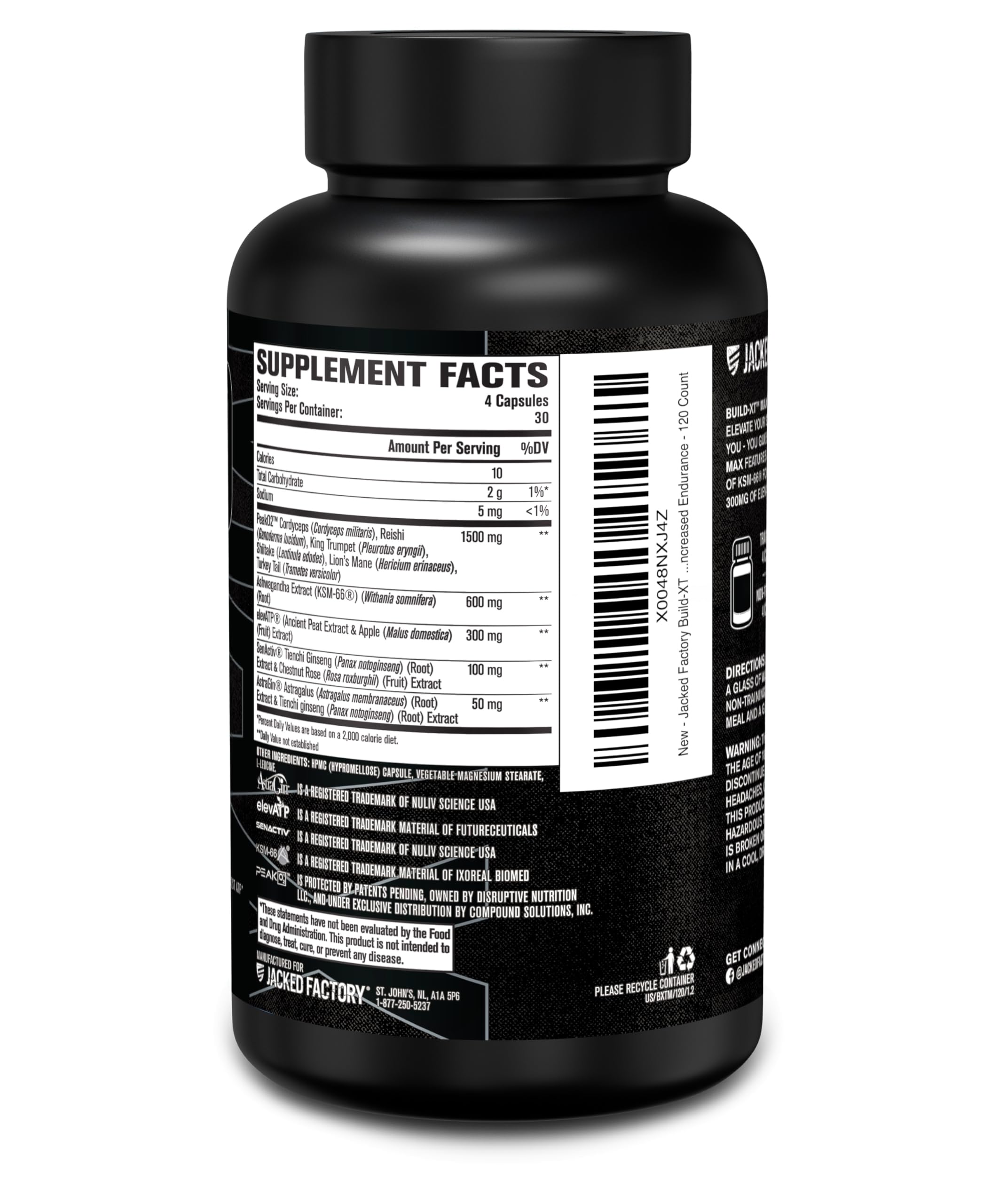 Jacked Factory Build-XT Max bottle on kitchen counter near plan