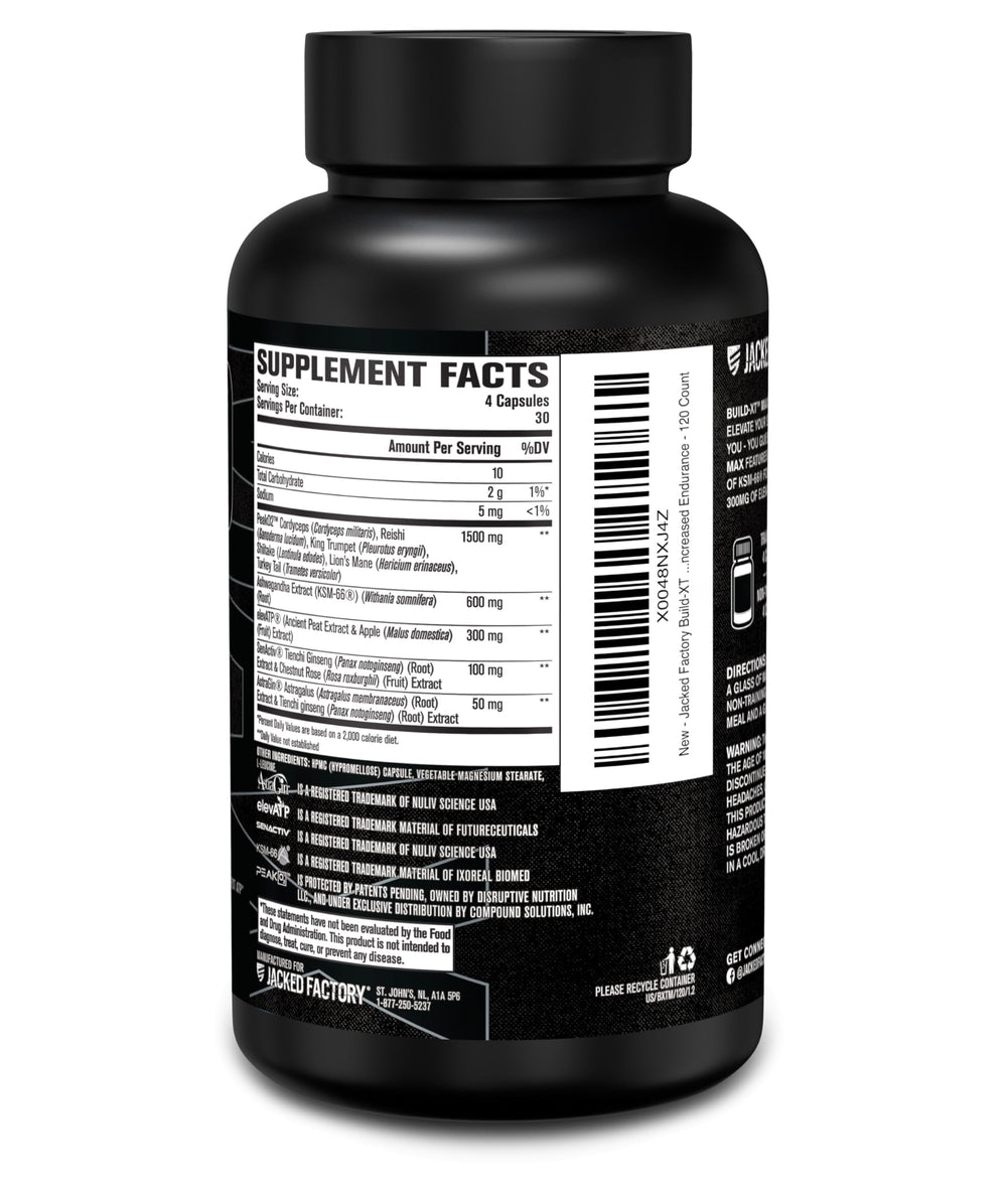 Jacked Factory Build-XT Max bottle on kitchen counter near plan