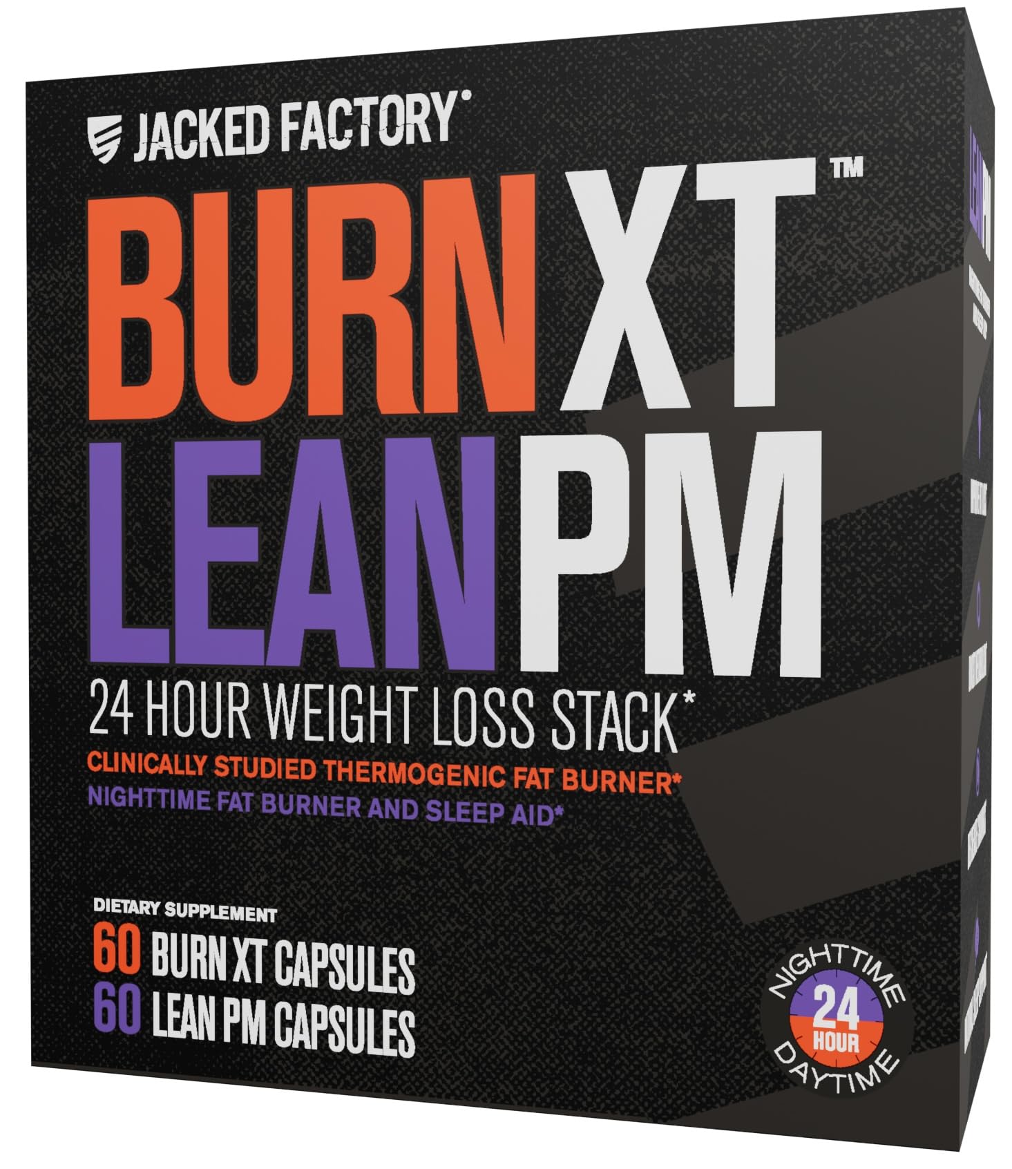 Jacked Factory Burn-XT bottle with capsules for daytime energy and fat burning.