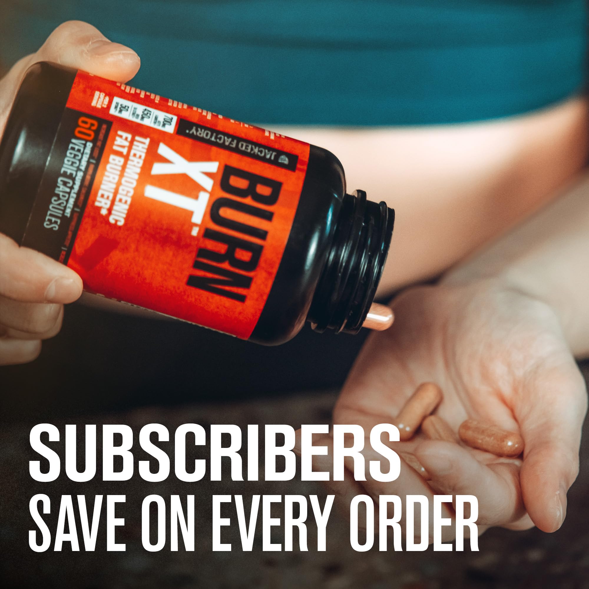 Gym setting shows Burn-XT energy boost during training.