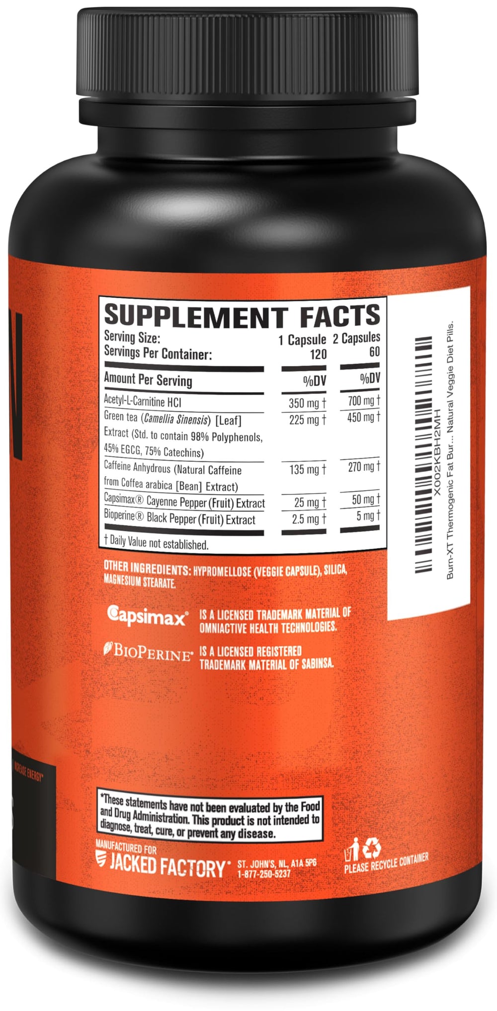 Transparent labeling emphasizes quality ingredients in Burn-XT packaging.