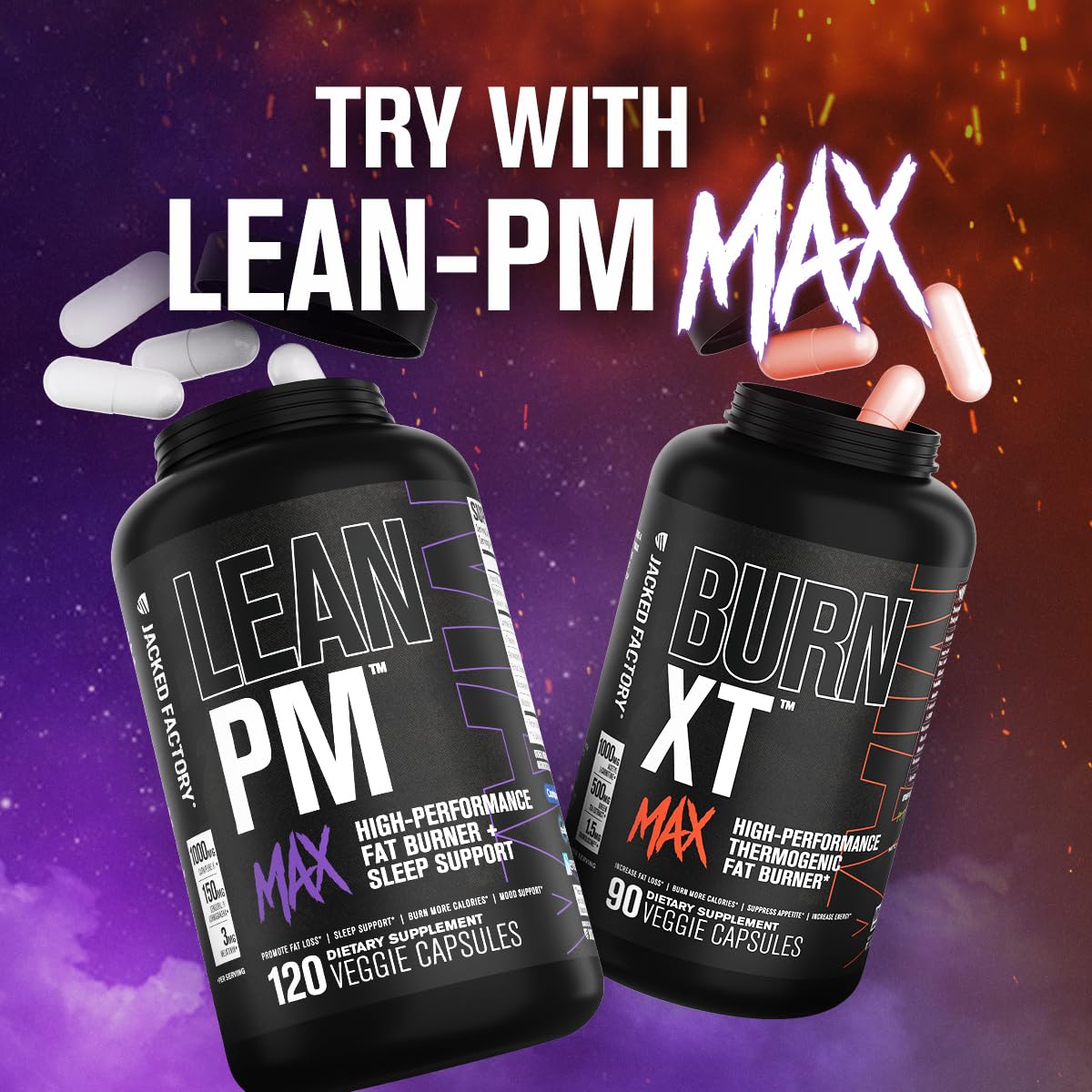 Jacked Factory Burn-XT Max capsules arranged for easy daily dosing.