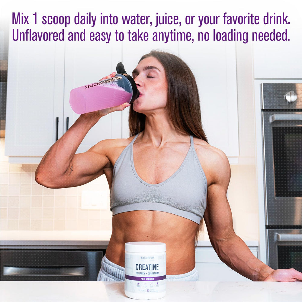 Jacked Factory Creatine for Women raspberry-lemonade bottle on kitchen counter