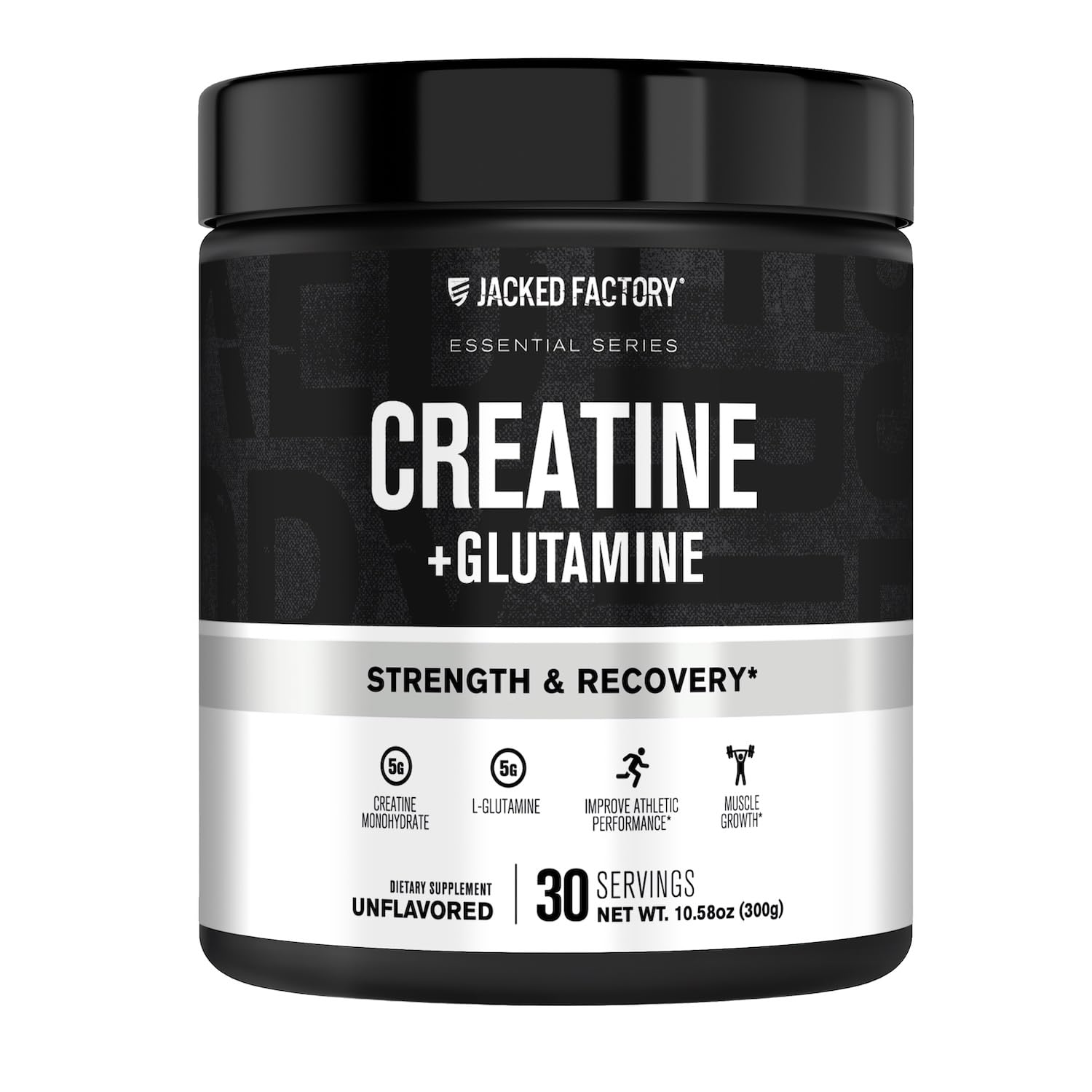 Jacked Factory Creatine Glutamine bottle on shelf highlighting recovery support