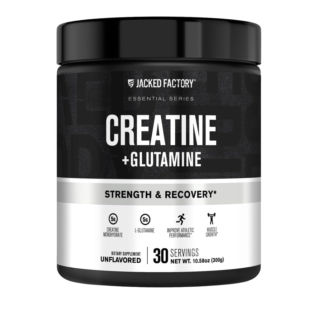 Jacked Factory Creatine Glutamine bottle on shelf highlighting recovery support