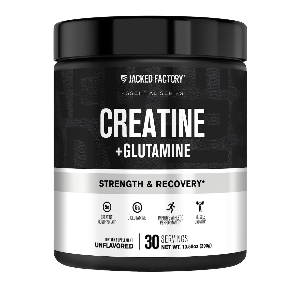 Jacked Factory Creatine Glutamine bottle on shelf highlighting recovery support