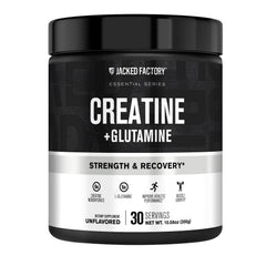 Jacked Factory Creatine Glutamine bottle on shelf highlighting recovery support