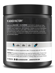 Jacked Factory Creatine + Glutamine open tub with serving scoop