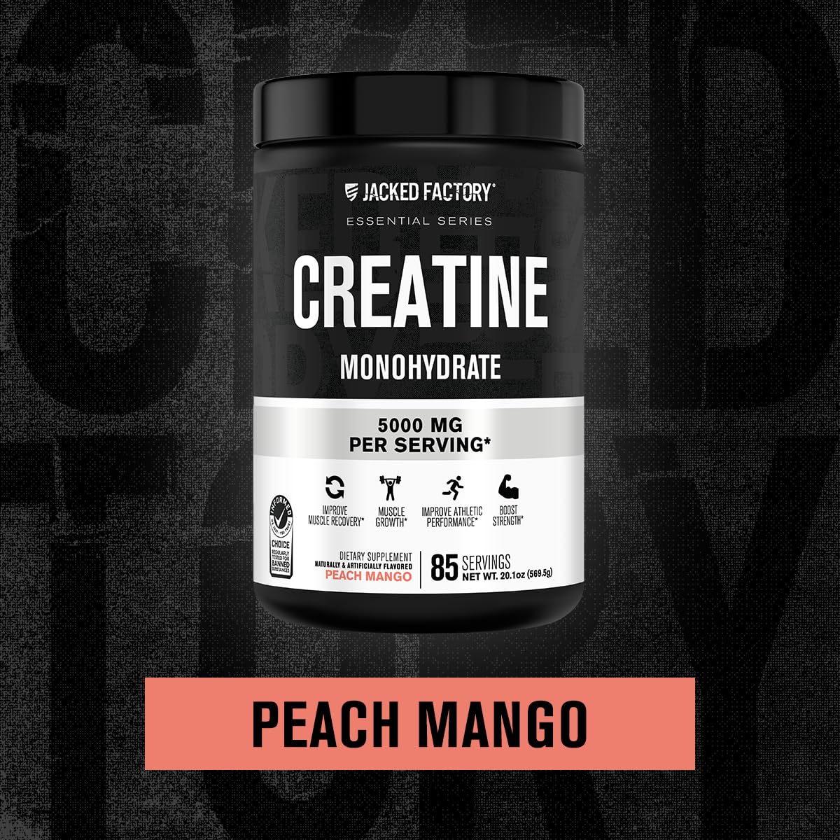 Jacked Factory Creatine Monohydrate Peach Mango flavor enhances mixing.