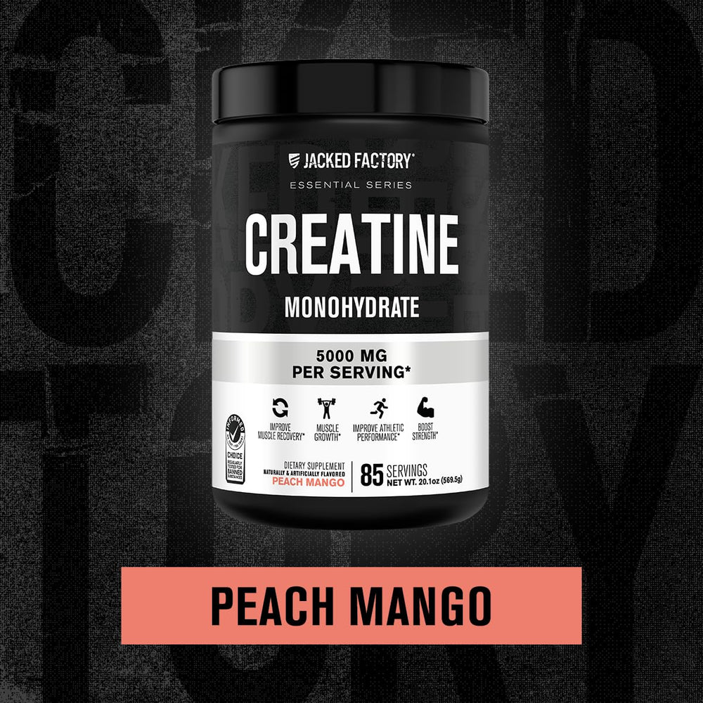 Jacked Factory Creatine Monohydrate Peach Mango flavor enhances mixing.