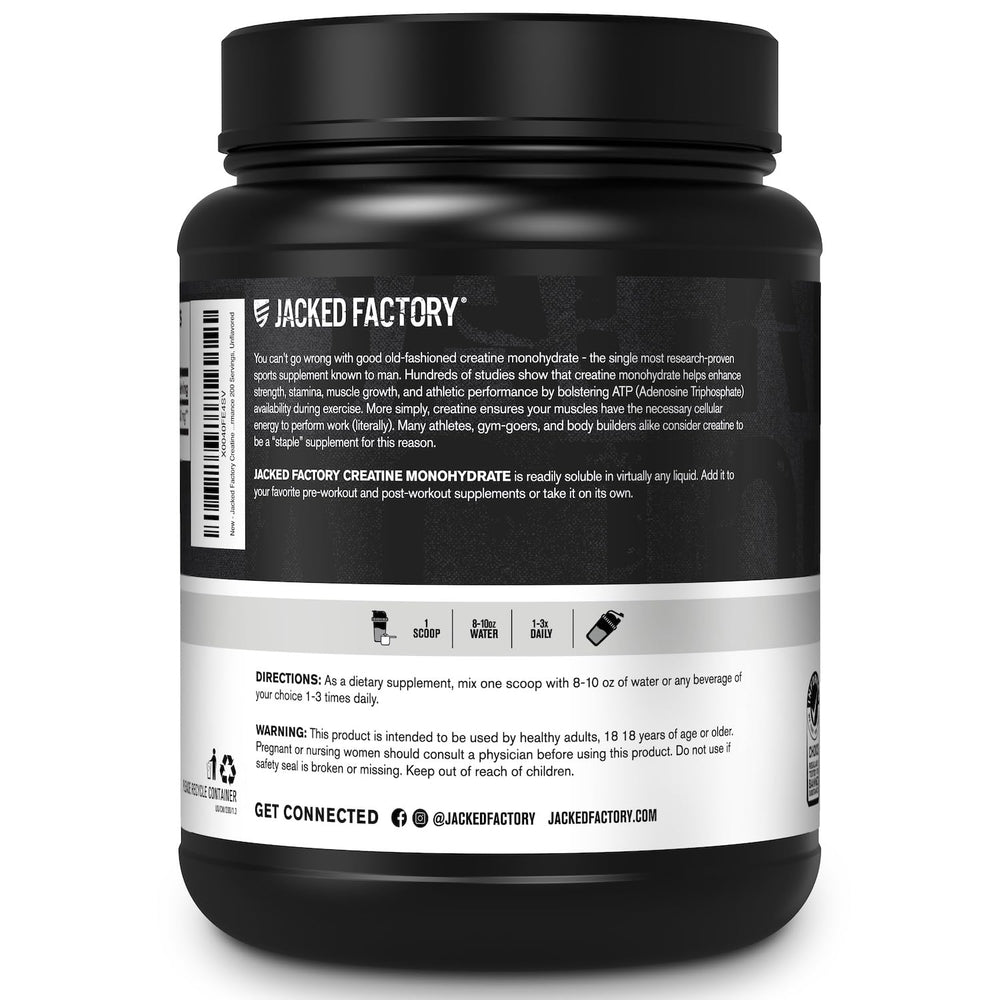 Jacked Factory Creatine Monohydrate powder vegan-friendly packaging emphasizes plant-based ingredients.