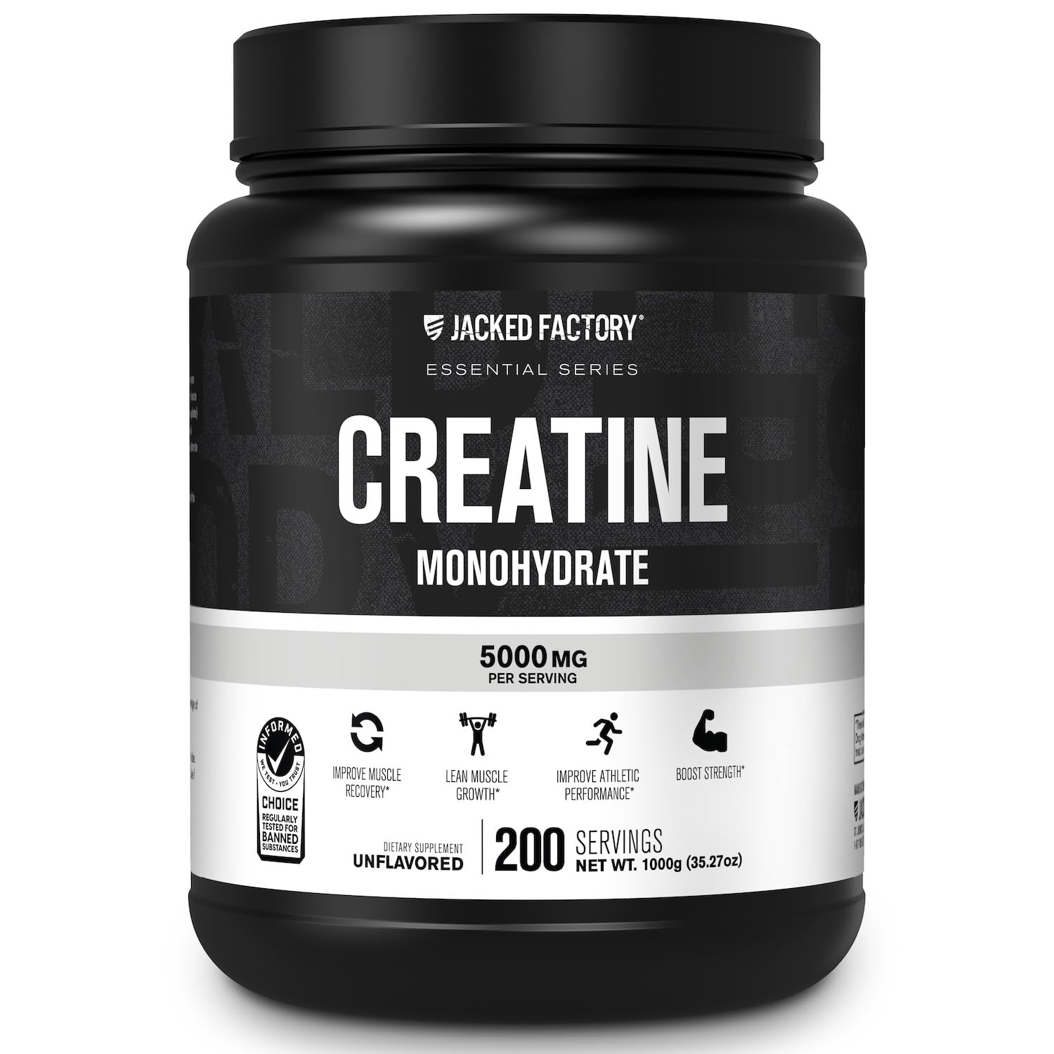 Jacked Factory Creatine Monohydrate powder bottle shows purity for reliable workouts.