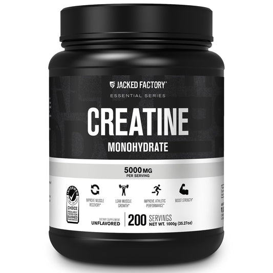 Jacked Factory Creatine Monohydrate powder bottle shows purity for reliable workouts.