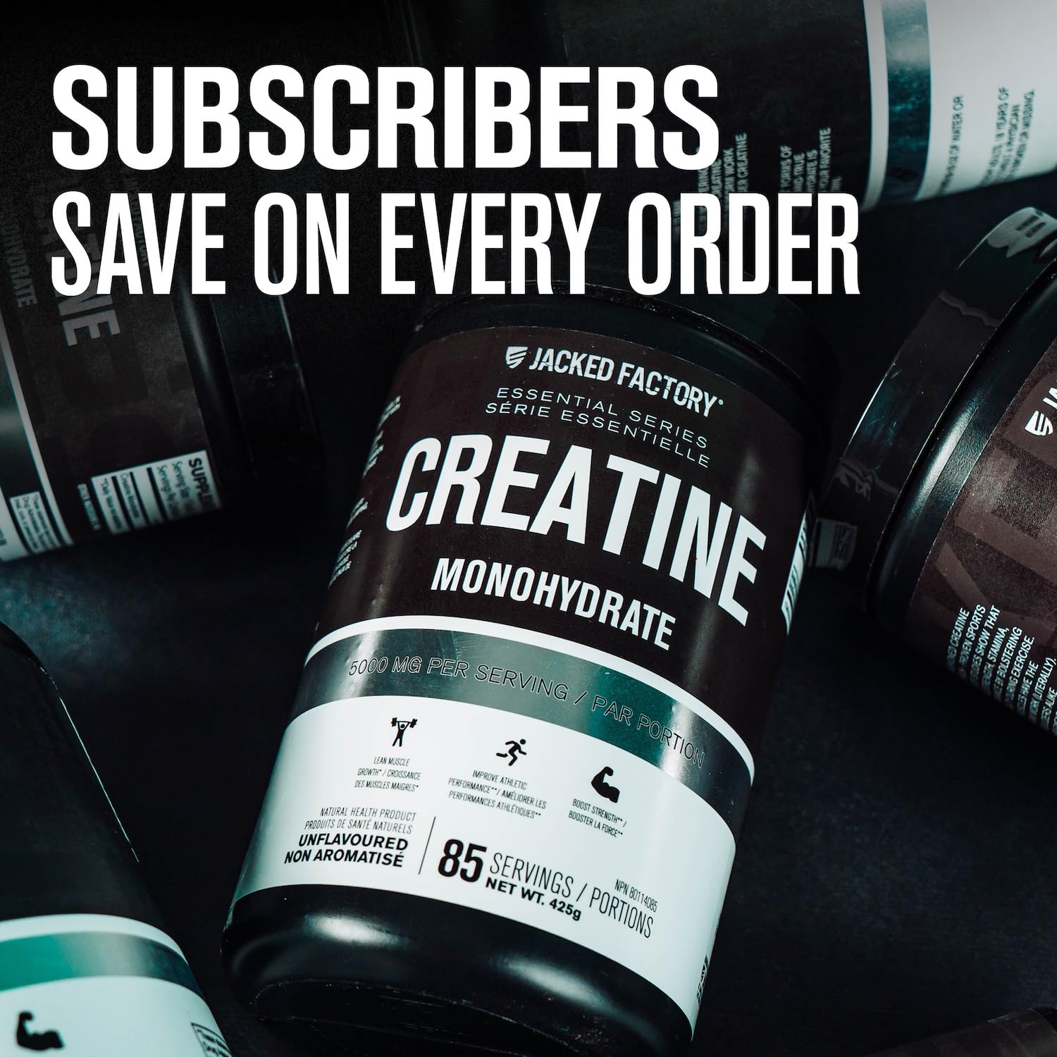 Jacked Factory Creatine Monohydrate powder with measuring scoop ready for daily use.