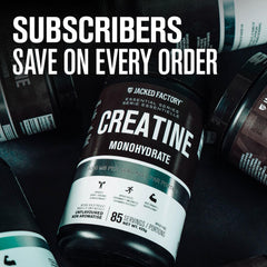 Jacked Factory Creatine Monohydrate powder with measuring scoop ready for daily use.