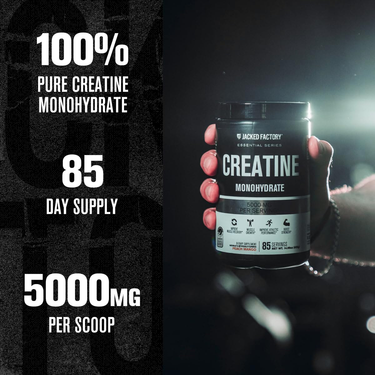 Jacked Factory Creatine Monohydrate powder dissolves easily in water for convenience.