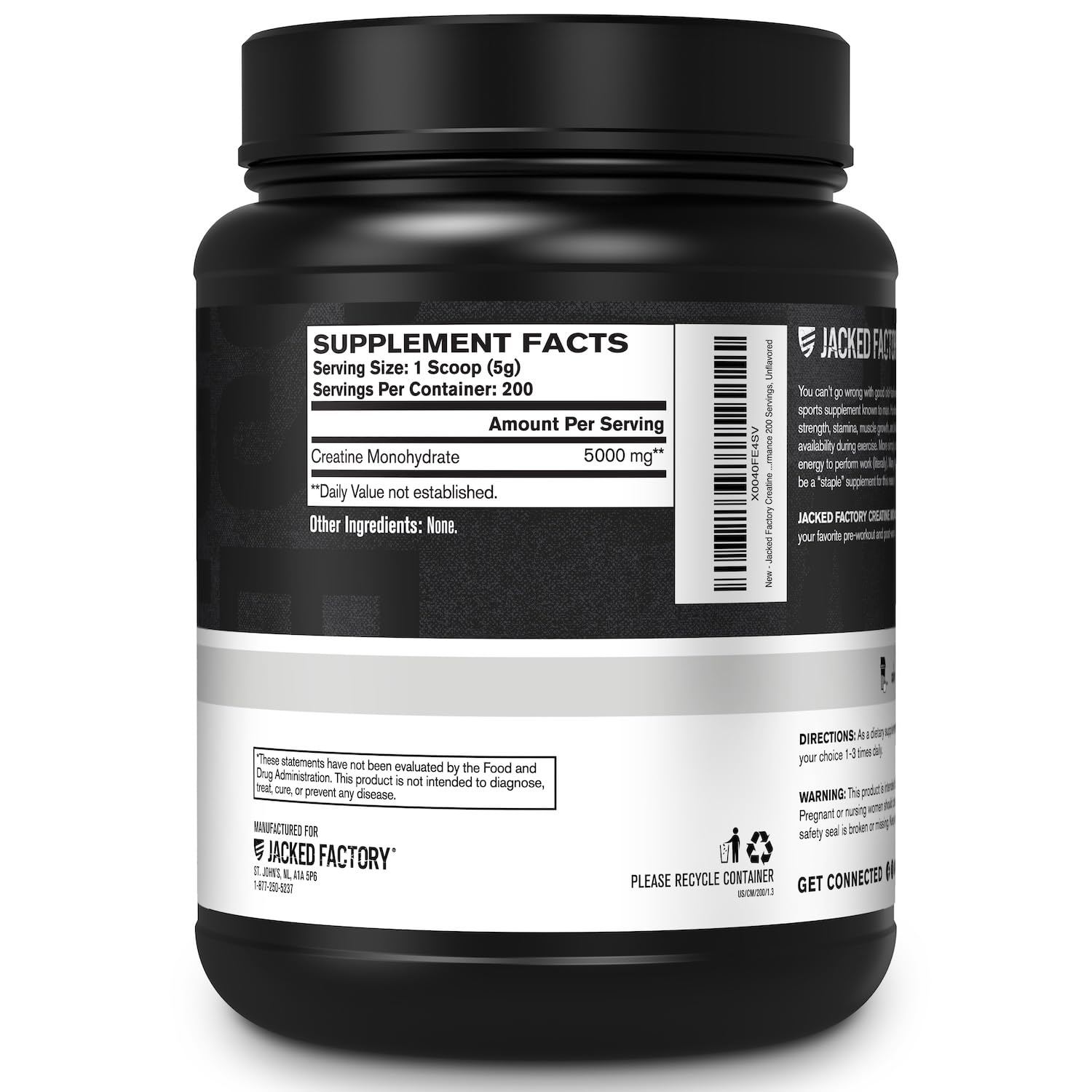 Jacked Factory Creatine Monohydrate bottle on gym bench signals performance support.