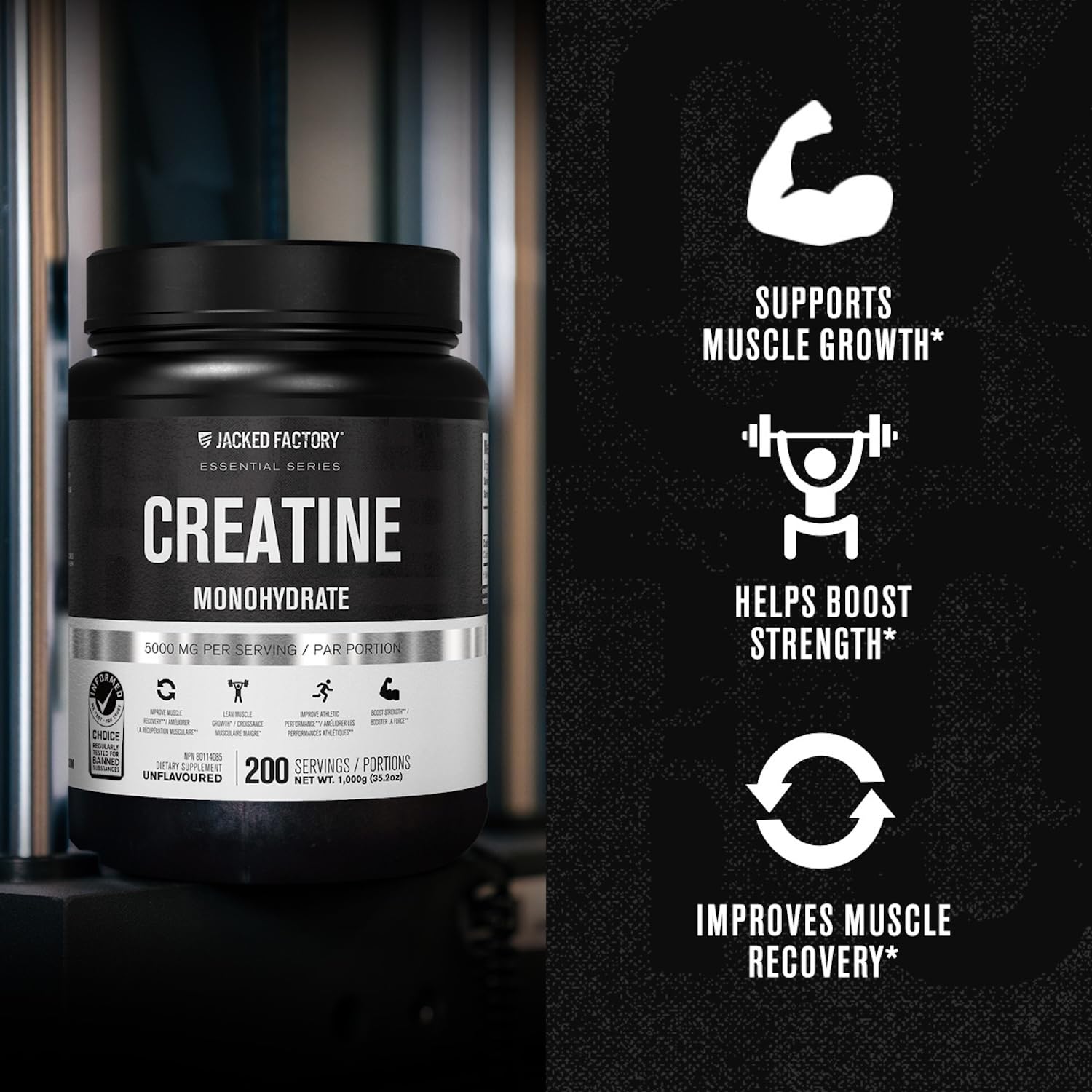 Jacked Factory Creatine Monohydrate powder label highlights third-party testing and vegan-friendly ingredients.