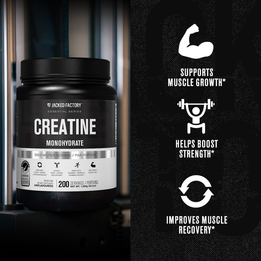 Jacked Factory Creatine Monohydrate powder label highlights third-party testing and vegan-friendly ingredients.