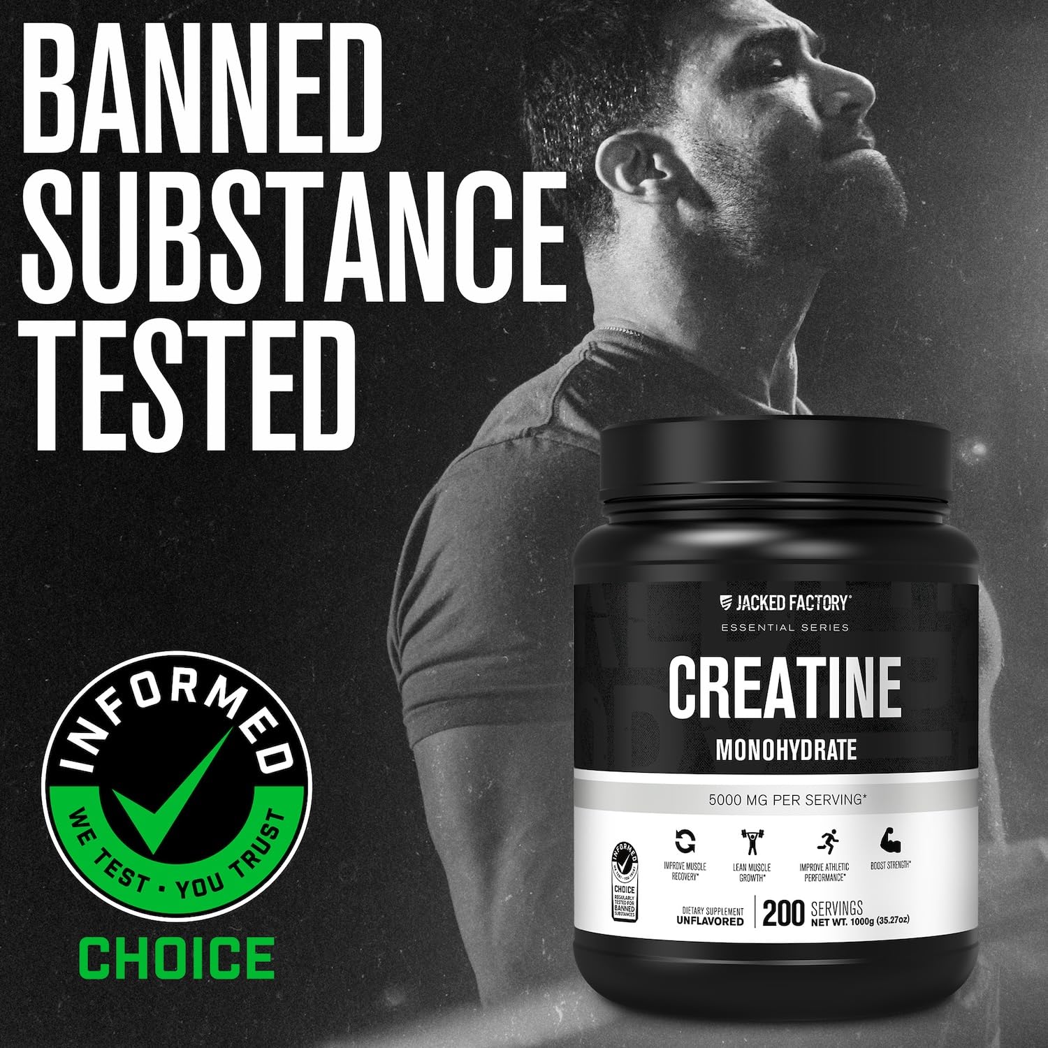 Jacked Factory Creatine Monohydrate powder scoop for precise daily serving.