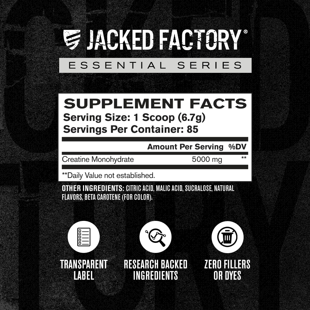 Jacked Factory Creatine Monohydrate tub back label lists ingredients and certs.